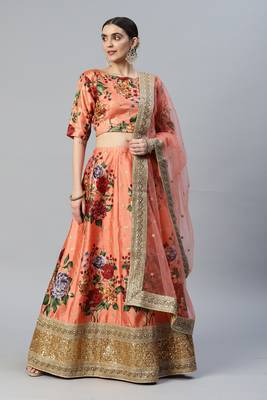 ORANGE DIGITAL PRINT DORI SEQUINS EMBROIDERED WITH PEARL WORK ART SILK FESTIVE DESIGNER SEMI STITCHED LEHENGA CHOLI 1