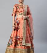 ORANGE DIGITAL PRINT DORI SEQUINS EMBROIDERED WITH PEARL WORK ART SILK FESTIVE DESIGNER SEMI STITCHED LEHENGA CHOLI