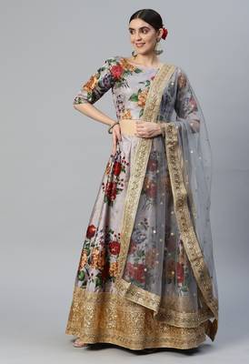 GREY DIGITAL PRINT DORI SEQUINS EMBROIDERED WITH PEARL WORK ART SILK FESTIVE DESIGNER PARTY SEMI STITCHED LEHENGA CHOLI 1