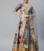 GREY DIGITAL PRINT DORI SEQUINS EMBROIDERED WITH PEARL WORK ART SILK FESTIVE DESIGNER PARTY SEMI STITCHED LEHENGA CHOLI