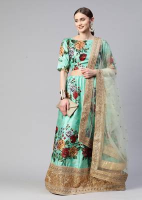 GREEN DIGITAL PRINT DORI SEQUINS EMBROIDERED WITH PEARL WORK ART SILK FESTIVE DESIGNER PARTY SEMI STITCHED LEHENGA CHOLI 1
