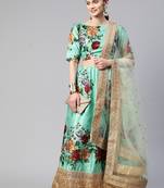 GREEN DIGITAL PRINT DORI SEQUINS EMBROIDERED WITH PEARL WORK ART SILK FESTIVE DESIGNER PARTY SEMI STITCHED LEHENGA CHOLI