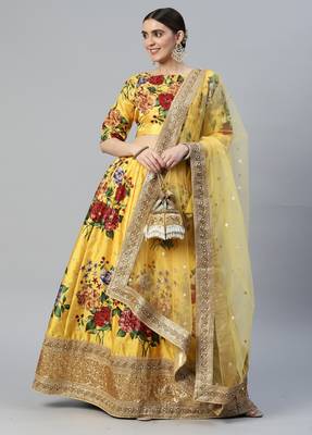 YELLOW DIGITAL PRINT DORI SEQUINS EMBROIDERED WITH PEARL WORK ART SILK FESTIVE DESIGNER SEMI STITCHED LEHENGA CHOLI 1