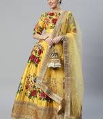 YELLOW DIGITAL PRINT DORI SEQUINS EMBROIDERED WITH PEARL WORK ART SILK FESTIVE DESIGNER SEMI STITCHED LEHENGA CHOLI