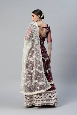 WINE COTTON EMBROIDERED SOFT NET FESTIVE WEDDING & DESIGNER PARTY SEMI STITCHED LEHENGA CHOLI 2