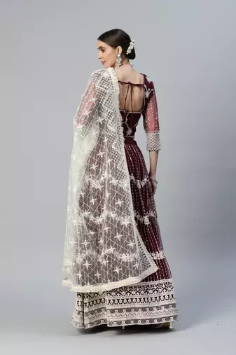 WINE COTTON EMBROIDERED SOFT NET FESTIVE WEDDING & DESIGNER PARTY SEMI STITCHED LEHENGA CHOLI