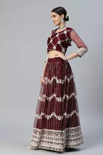 WINE COTTON EMBROIDERED SOFT NET FESTIVE WEDDING & DESIGNER PARTY SEMI STITCHED LEHENGA CHOLI