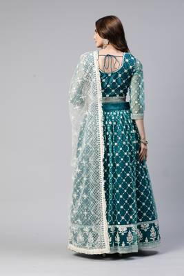 TEAL GREEN COTTON EMBROIDERED SOFT NET FESTIVE WEDDING & DESIGNER PARTY SEMI STITCHED LEHENGA CHOLI 2