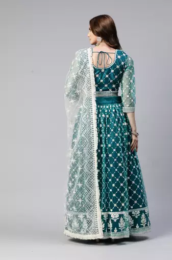 TEAL GREEN COTTON EMBROIDERED SOFT NET FESTIVE WEDDING & DESIGNER PARTY SEMI STITCHED LEHENGA CHOLI