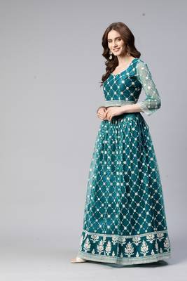 TEAL GREEN COTTON EMBROIDERED SOFT NET FESTIVE WEDDING & DESIGNER PARTY SEMI STITCHED LEHENGA CHOLI 3