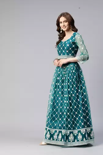 TEAL GREEN COTTON EMBROIDERED SOFT NET FESTIVE WEDDING & DESIGNER PARTY SEMI STITCHED LEHENGA CHOLI