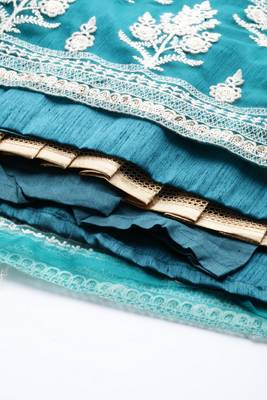 TEAL GREEN COTTON EMBROIDERED SOFT NET FESTIVE WEDDING & DESIGNER PARTY SEMI STITCHED LEHENGA CHOLI 5
