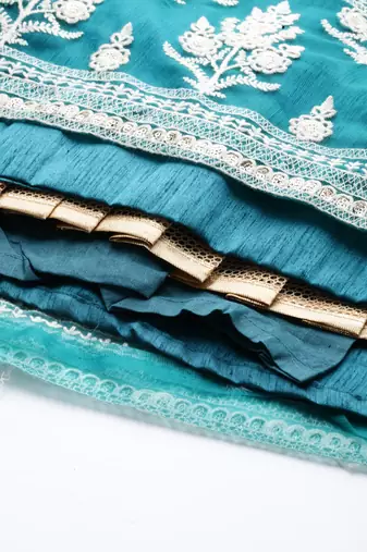 TEAL GREEN COTTON EMBROIDERED SOFT NET FESTIVE WEDDING & DESIGNER PARTY SEMI STITCHED LEHENGA CHOLI