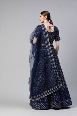 BLUE THREAD SEQUINS EMBROIDERED NET FESTIVE WEDDING & DESIGNER PARTY SEMI STITCHED LEHENGA CHOLI 2
