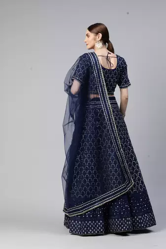 BLUE THREAD SEQUINS EMBROIDERED NET FESTIVE WEDDING & DESIGNER PARTY SEMI STITCHED LEHENGA CHOLI