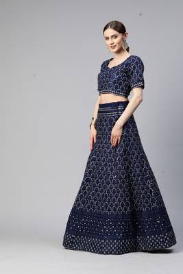 BLUE THREAD SEQUINS EMBROIDERED NET FESTIVE WEDDING & DESIGNER PARTY SEMI STITCHED LEHENGA CHOLI 3