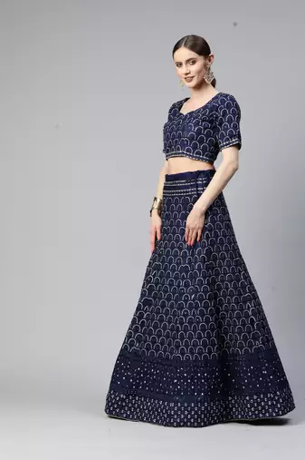 BLUE THREAD SEQUINS EMBROIDERED NET FESTIVE WEDDING & DESIGNER PARTY SEMI STITCHED LEHENGA CHOLI