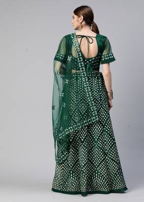 GREEN THREAD SEQUINS EMBROIDERED NET FESTIVE WEDDING & DESIGNER PARTY SEMI STITCHED LEHENGA CHOLI 2