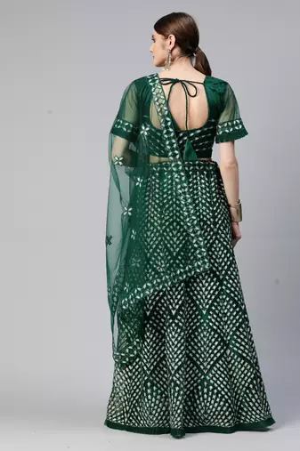 GREEN THREAD SEQUINS EMBROIDERED NET FESTIVE WEDDING & DESIGNER PARTY SEMI STITCHED LEHENGA CHOLI