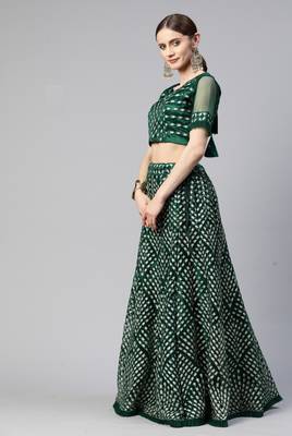 GREEN THREAD SEQUINS EMBROIDERED NET FESTIVE WEDDING & DESIGNER PARTY SEMI STITCHED LEHENGA CHOLI 3