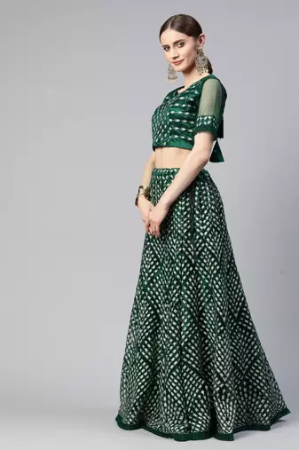 GREEN THREAD SEQUINS EMBROIDERED NET FESTIVE WEDDING & DESIGNER PARTY SEMI STITCHED LEHENGA CHOLI