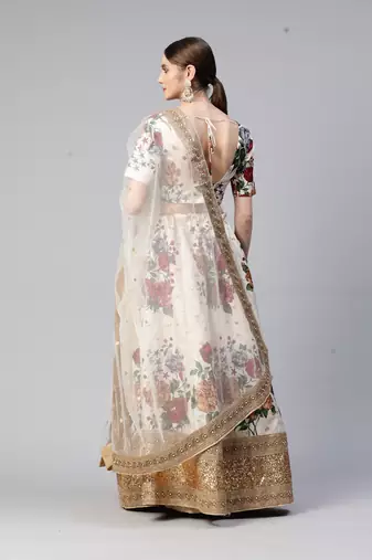 WHITE DIGITAL PRINT DORI SEQUINS EMBROIDERED WITH PEARL WORK ART SILK FESTIVE DESIGNER PARTY SEMI STITCHED LEHENGA CHOLI