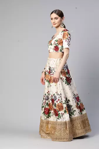 WHITE DIGITAL PRINT DORI SEQUINS EMBROIDERED WITH PEARL WORK ART SILK FESTIVE DESIGNER PARTY SEMI STITCHED LEHENGA CHOLI