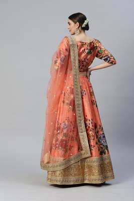 ORANGE DIGITAL PRINT DORI SEQUINS EMBROIDERED WITH PEARL WORK ART SILK FESTIVE DESIGNER SEMI STITCHED LEHENGA CHOLI 2