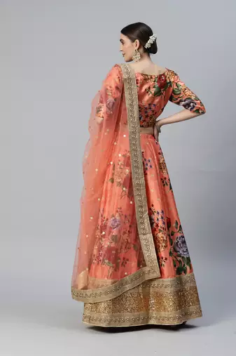 ORANGE DIGITAL PRINT DORI SEQUINS EMBROIDERED WITH PEARL WORK ART SILK FESTIVE DESIGNER SEMI STITCHED LEHENGA CHOLI