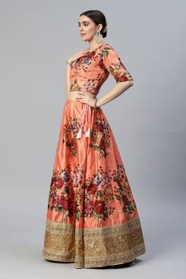 ORANGE DIGITAL PRINT DORI SEQUINS EMBROIDERED WITH PEARL WORK ART SILK FESTIVE DESIGNER SEMI STITCHED LEHENGA CHOLI 3