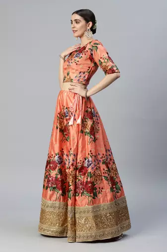 ORANGE DIGITAL PRINT DORI SEQUINS EMBROIDERED WITH PEARL WORK ART SILK FESTIVE DESIGNER SEMI STITCHED LEHENGA CHOLI