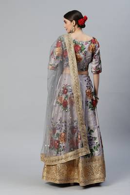 GREY DIGITAL PRINT DORI SEQUINS EMBROIDERED WITH PEARL WORK ART SILK FESTIVE DESIGNER PARTY SEMI STITCHED LEHENGA CHOLI 2