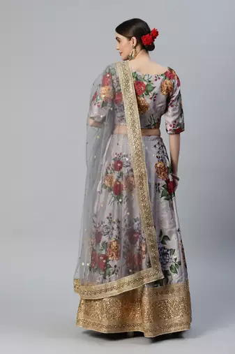 GREY DIGITAL PRINT DORI SEQUINS EMBROIDERED WITH PEARL WORK ART SILK FESTIVE DESIGNER PARTY SEMI STITCHED LEHENGA CHOLI