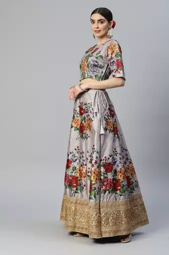 GREY DIGITAL PRINT DORI SEQUINS EMBROIDERED WITH PEARL WORK ART SILK FESTIVE DESIGNER PARTY SEMI STITCHED LEHENGA CHOLI