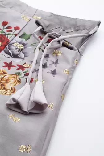 GREY DIGITAL PRINT DORI SEQUINS EMBROIDERED WITH PEARL WORK ART SILK FESTIVE DESIGNER PARTY SEMI STITCHED LEHENGA CHOLI