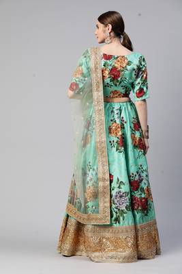 GREEN DIGITAL PRINT DORI SEQUINS EMBROIDERED WITH PEARL WORK ART SILK FESTIVE DESIGNER PARTY SEMI STITCHED LEHENGA CHOLI 2