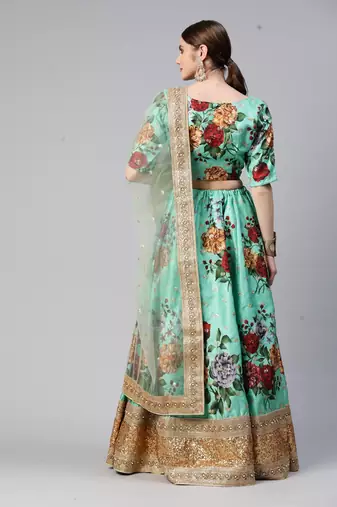 GREEN DIGITAL PRINT DORI SEQUINS EMBROIDERED WITH PEARL WORK ART SILK FESTIVE DESIGNER PARTY SEMI STITCHED LEHENGA CHOLI