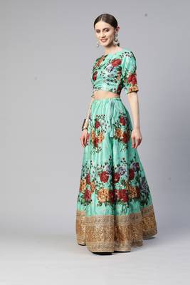 GREEN DIGITAL PRINT DORI SEQUINS EMBROIDERED WITH PEARL WORK ART SILK FESTIVE DESIGNER PARTY SEMI STITCHED LEHENGA CHOLI 3