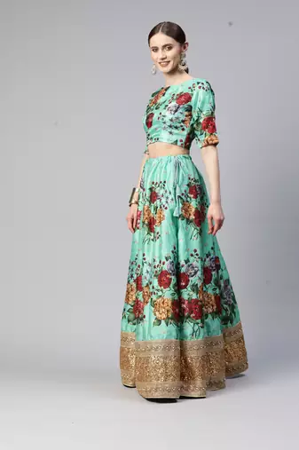 GREEN DIGITAL PRINT DORI SEQUINS EMBROIDERED WITH PEARL WORK ART SILK FESTIVE DESIGNER PARTY SEMI STITCHED LEHENGA CHOLI