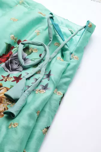 GREEN DIGITAL PRINT DORI SEQUINS EMBROIDERED WITH PEARL WORK ART SILK FESTIVE DESIGNER PARTY SEMI STITCHED LEHENGA CHOLI