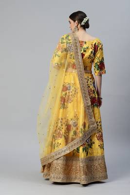 YELLOW DIGITAL PRINT DORI SEQUINS EMBROIDERED WITH PEARL WORK ART SILK FESTIVE DESIGNER SEMI STITCHED LEHENGA CHOLI 2