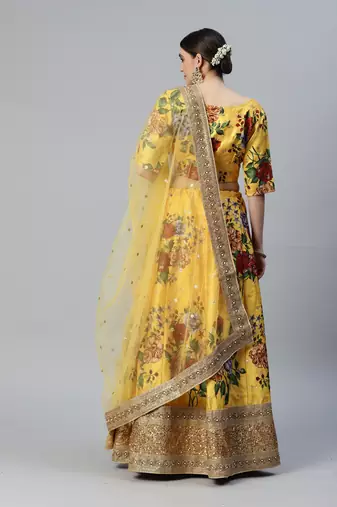 YELLOW DIGITAL PRINT DORI SEQUINS EMBROIDERED WITH PEARL WORK ART SILK FESTIVE DESIGNER SEMI STITCHED LEHENGA CHOLI