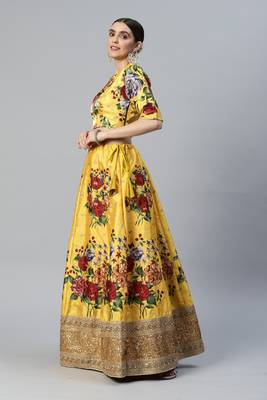 YELLOW DIGITAL PRINT DORI SEQUINS EMBROIDERED WITH PEARL WORK ART SILK FESTIVE DESIGNER SEMI STITCHED LEHENGA CHOLI 3