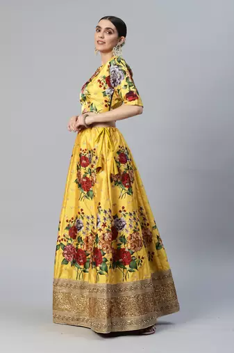 YELLOW DIGITAL PRINT DORI SEQUINS EMBROIDERED WITH PEARL WORK ART SILK FESTIVE DESIGNER SEMI STITCHED LEHENGA CHOLI
