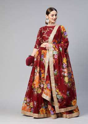 MAROON DIGITAL PRINT SEQUINS EMBROIDERED ART SILK FESTIVAL WEDDING DESIGNER PARTY SEMI STITCHED LEHENGA CHOLI 1