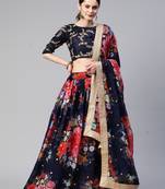 NAVY BLUE DIGITAL PRINT SEQUINS EMBROIDERED WORK ART SILK FESTIVAL WEDDING DESIGNER PARTY SEMI STITCHED LEHENGA CHOLI