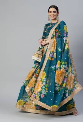 TURQUOISE DIGITAL PRINT SEQUINS EMBROIDERED ART SILK FESTIVAL WEDDING DESIGNER PARTY SEMI STITCHED LEHENGA CHOLI 1