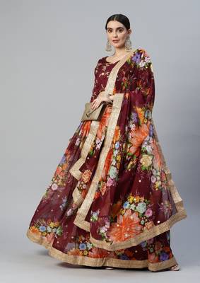 WINE DIGITAL PRINT SEQUINS EMBROIDERED ART SILK FESTIVAL WEDDING DESIGNER PARTY SEMI STITCHED LEHENGA CHOLI 1