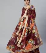 WINE DIGITAL PRINT SEQUINS EMBROIDERED ART SILK FESTIVAL WEDDING DESIGNER PARTY SEMI STITCHED LEHENGA CHOLI