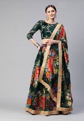 GREEN DIGITAL PRINT SEQUINS EMBROIDERED ART SILK FESTIVAL WEDDING DESIGNER PARTY SEMI STITCHED LEHENGA CHOLI 1